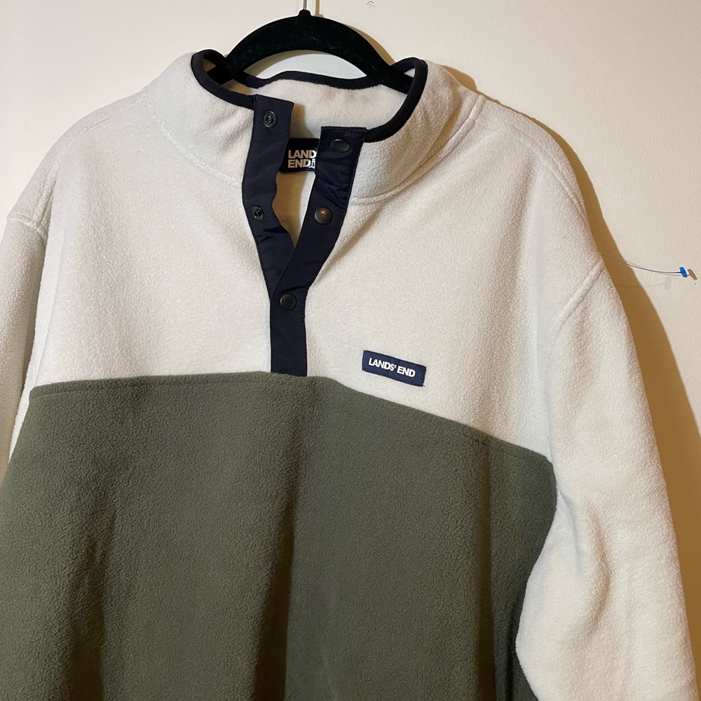 Lands' End Men's XL Polar Fleece Green Beige Navy Pullover W/Pockets Like New‎